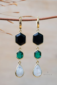 Glaucia Earrings * Black Onyx, Green Tourmaline & Moonstone * Gold Plated 18K * BJE245