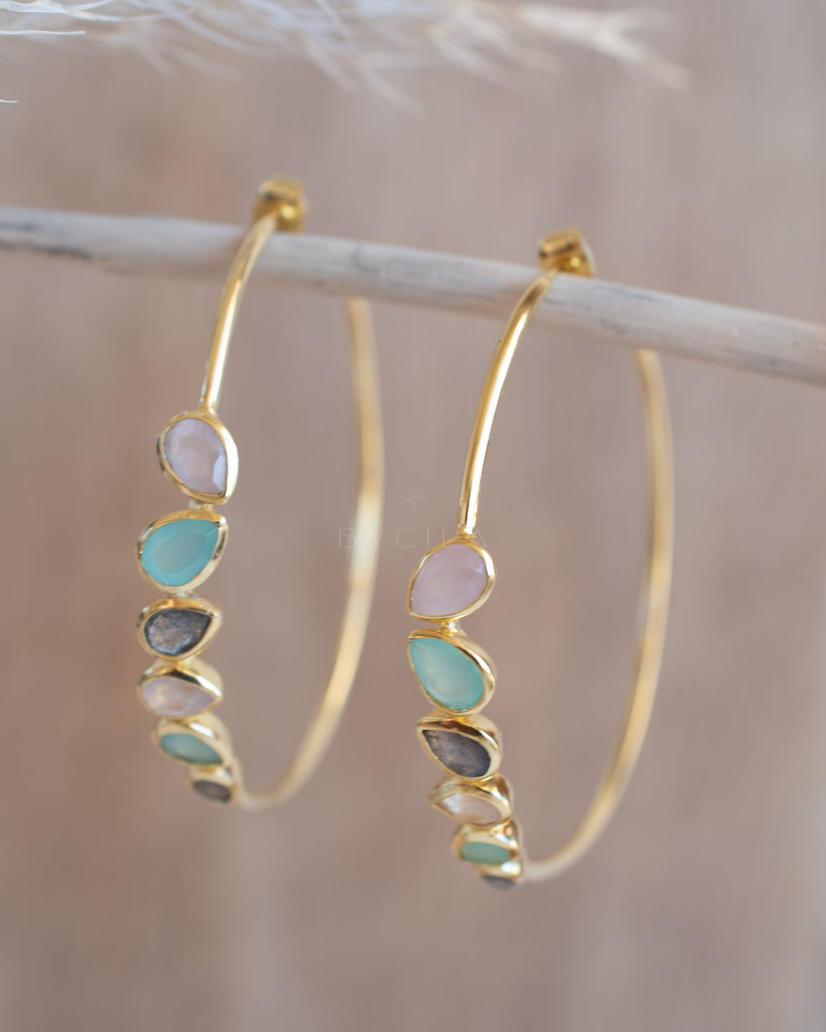 Nati Earrings * Labradorite, Aqua Chalcedony and Rose Quartz * Gold Plated 18k * BJE115
