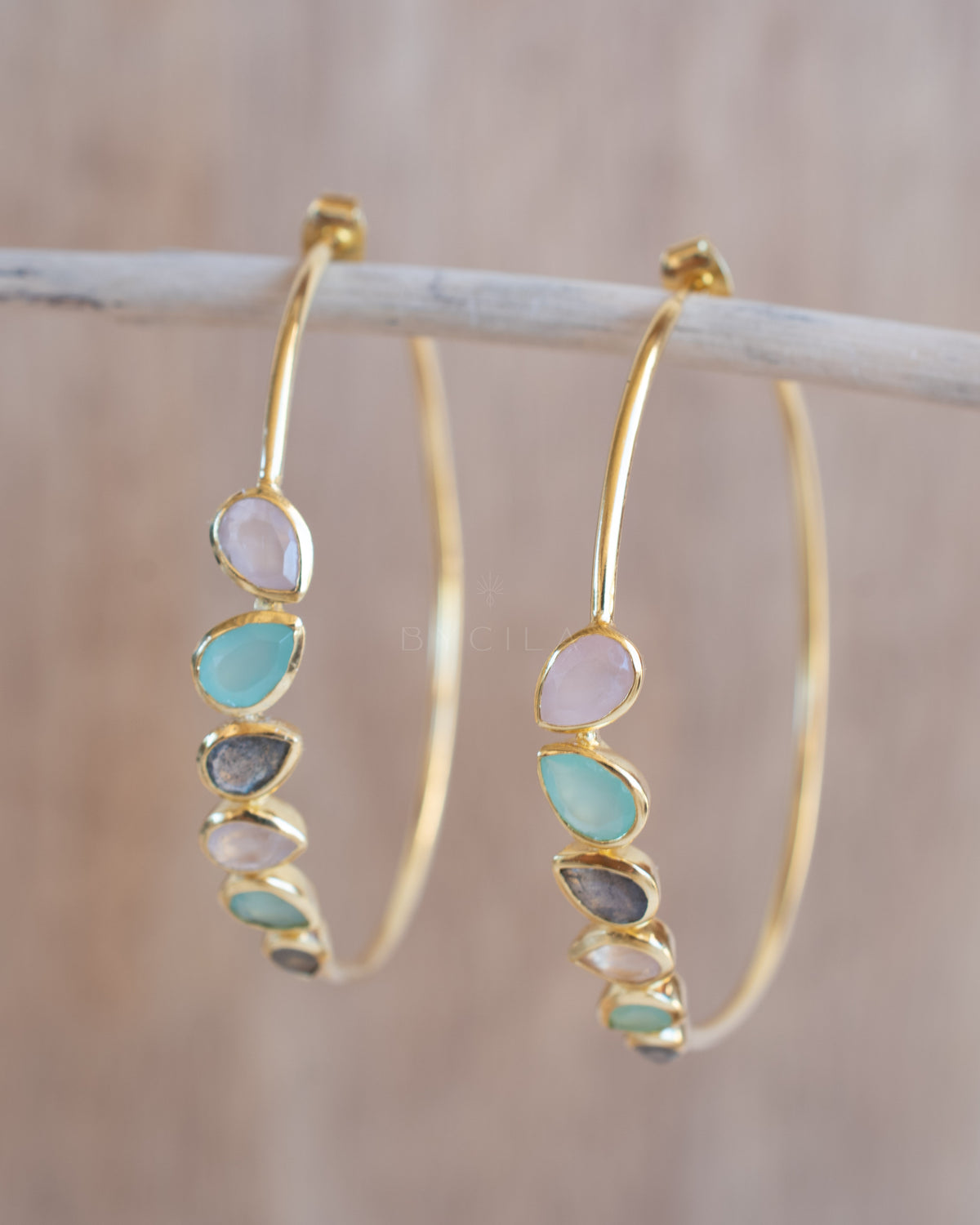 Nati Earrings * Labradorite, Aqua Chalcedony and Rose Quartz * Gold Plated 18k * BJE115