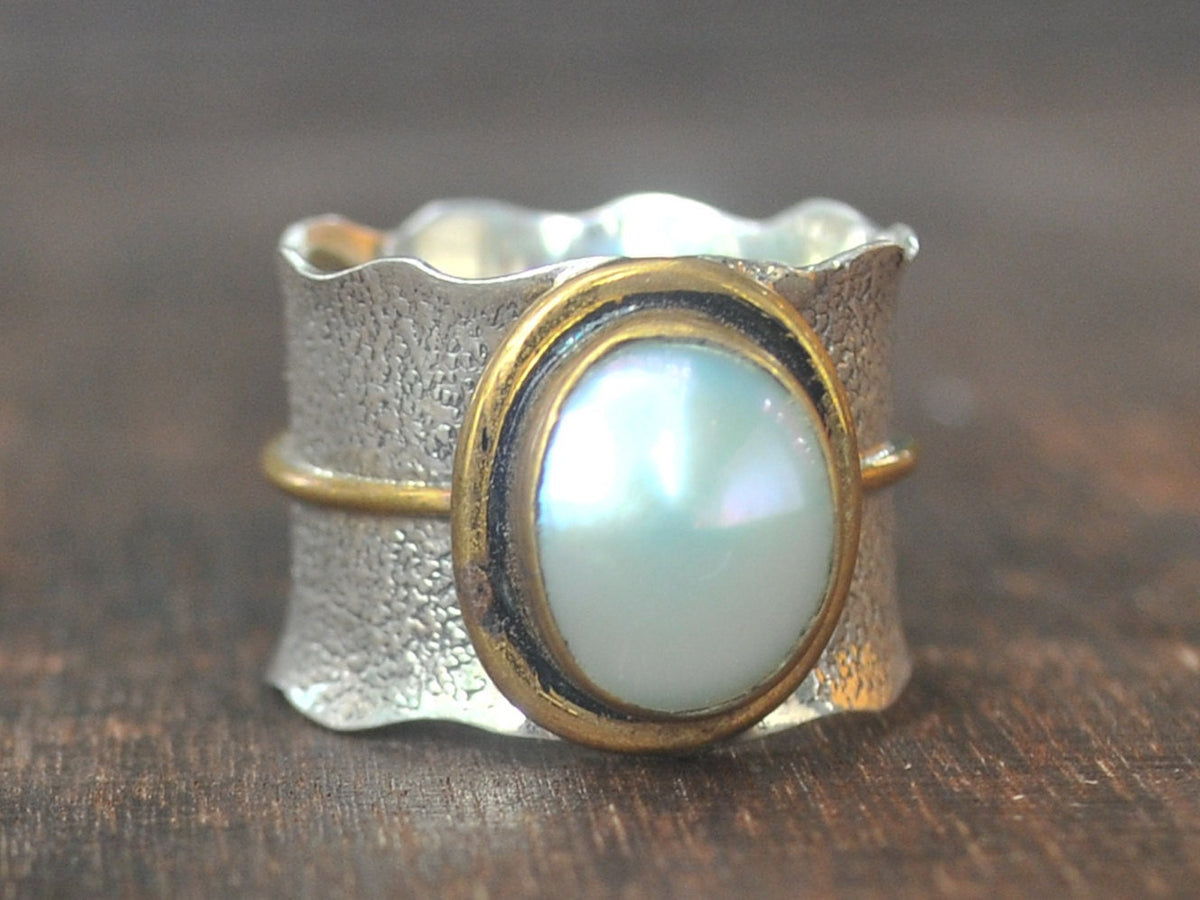 Pearl Ring * Sterling Silver Ring * Silver Bronze Ring * Wide Ring * Handmade ring * Wave band ring * BJR287