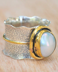 Pearl Ring * Sterling Silver Ring * Silver Bronze Ring * Wide Ring * Handmade ring * Wave band ring * BJR287
