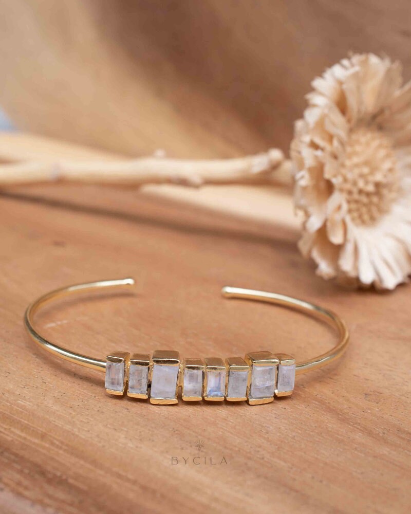 Moonstone Bangle Bracelet * Gold Plated * Gemstone * Gypsy * Hippie * Adjustable * Statement * Stacking * Layering * BJB047