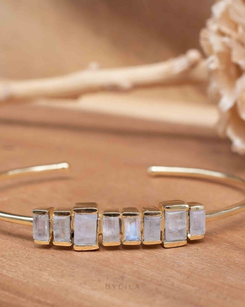 Moonstone Bangle Bracelet * Gold Plated * Gemstone * Gypsy * Hippie * Adjustable * Statement * Stacking * Layering * BJB047