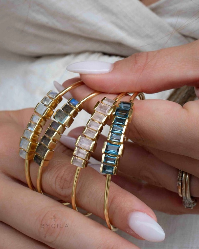 Moonstone Bangle Bracelet * Gold Plated * Gemstone * Gypsy * Hippie * Adjustable * Statement * Stacking * Layering * BJB047
