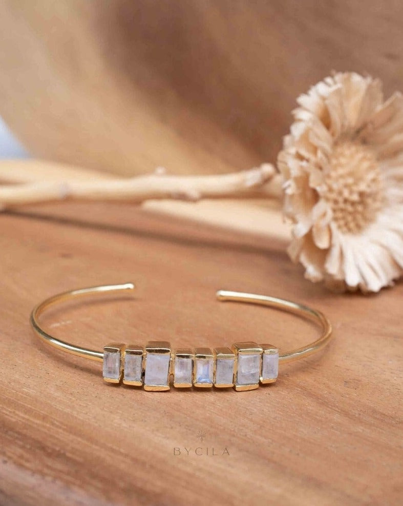 Moonstone Bangle Bracelet * Gold Plated * Gemstone * Gypsy * Hippie * Adjustable * Statement * Stacking * Layering * BJB047