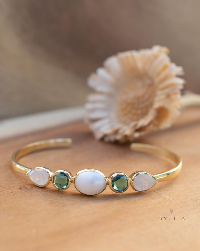 Pearl, Green Tourmaline hydro & Moonstone Bangle Bracelet * Gold Plated * Gemstone * Adjustable * BJB043