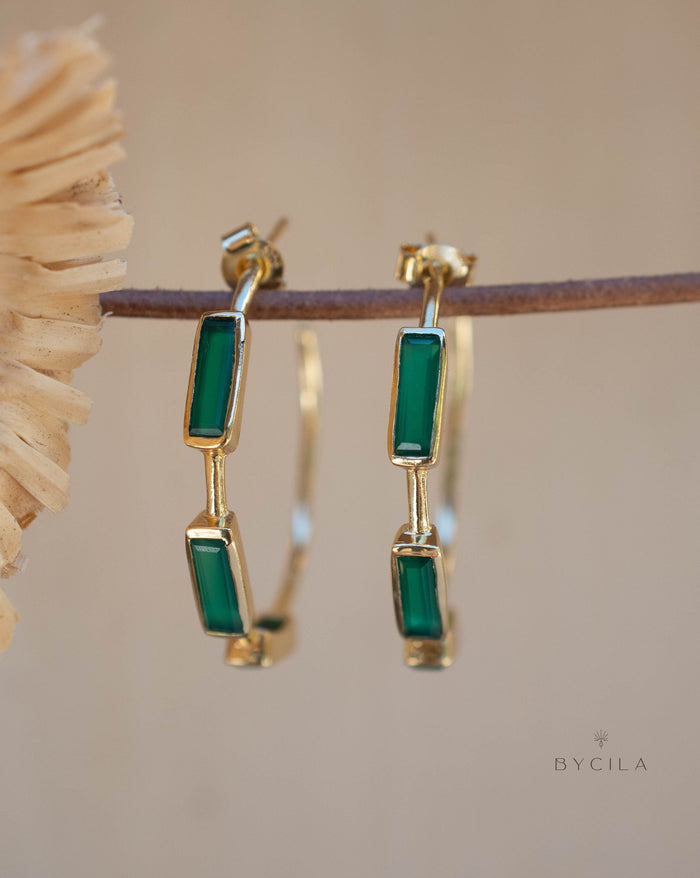 Green Onyx Hoop Gold Earrings * Handmade * Boho * Modern * Minimalist * Perfect Gift * ByCila Jewelry * BJE235
