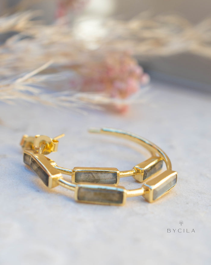 Moss Agate Hoop Gold Earrings * Handmade * Boho * Modern * Minimalist * Perfect Gift * ByCila Jewelry * BJE234