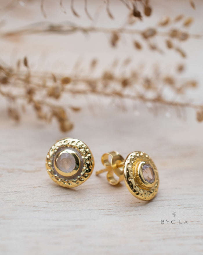 Moonstone Stud Earrings Gold Plated 18k * Gemstone * Earrings * Rainbow Moonstone * Handmade * Boho * Modern * BJE253
