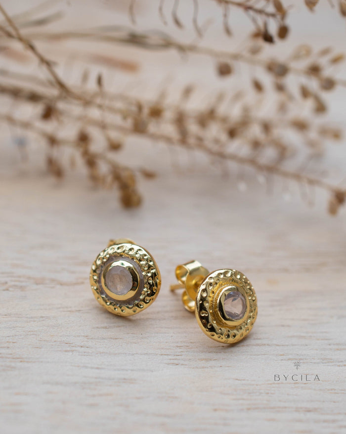 Moonstone Stud Earrings Gold Plated 18k * Gemstone * Earrings * Rainbow Moonstone * Handmade * Boho * Modern * BJE253