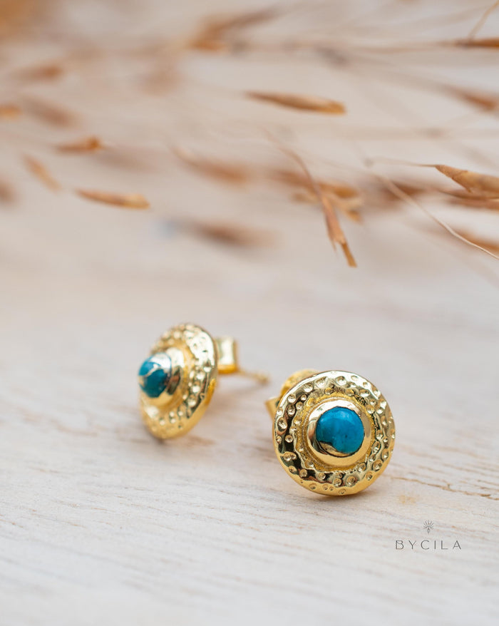 Copper Turquoise Stud Earrings* Gold Plated 18k * Post * Statement *Everyday *Lightweight * bohemian * ByCila * BJE256