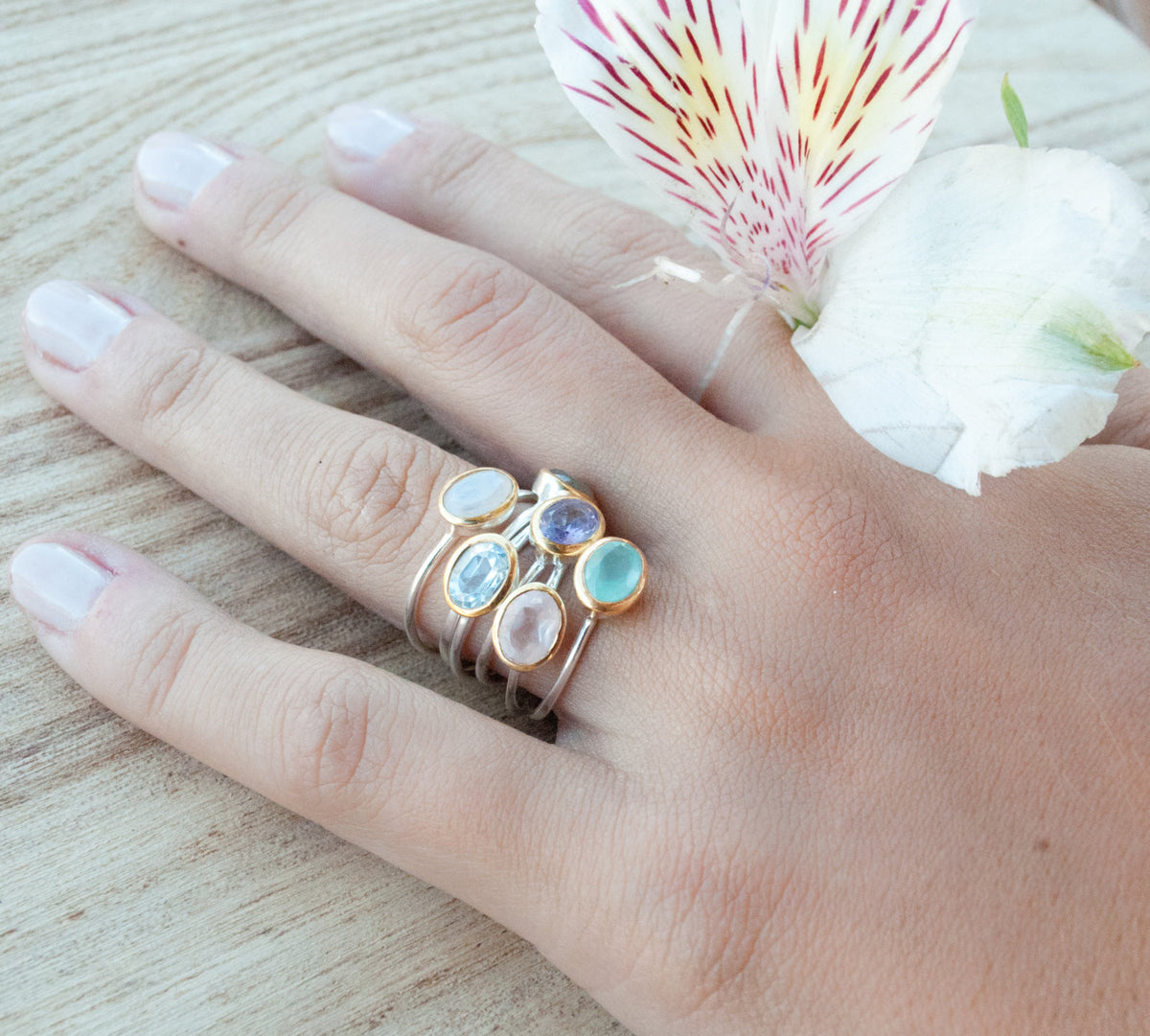 Gemstone Ring * Silver Ring * Blue Topaz * Teal Chalcedony * Moonstone * Amethyst * Labradorite * Stackable * Aqua * Rose Quartz * BJR080