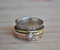 Spinner Ring Pearl* Meditation Ring Pearl * Spinning Ring* Statement Ring* Spin Ring* Worry Ring* Mix Metals Ring*  Silver Ring*BJS015
