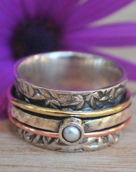 Spinner Ring Pearl* Meditation Ring Pearl * Spinning Ring* Statement Ring* Spin Ring* Worry Ring* Mix Metals Ring*  Silver Ring*BJS015