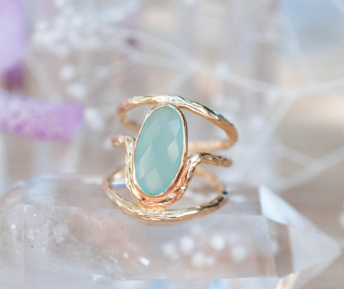 Gold Plated 18k Aqua Chalcedony * Gemstone Ring * Handmade * Statement * Natural * Organic*Gift for her*Jewelry*Bycila*May Birthstone*BJR060