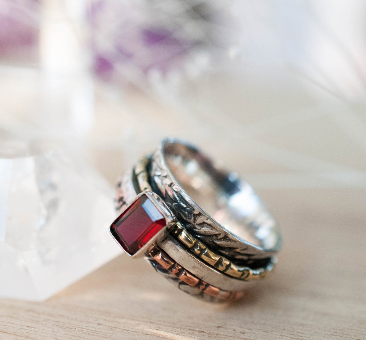 Garnet Ring * Meditation * Spinner * Spinning * Anxiety * Hammered * Worry * Boho * Spin * Thin Band *Sterling Silver *Copper *Bronze BJS020