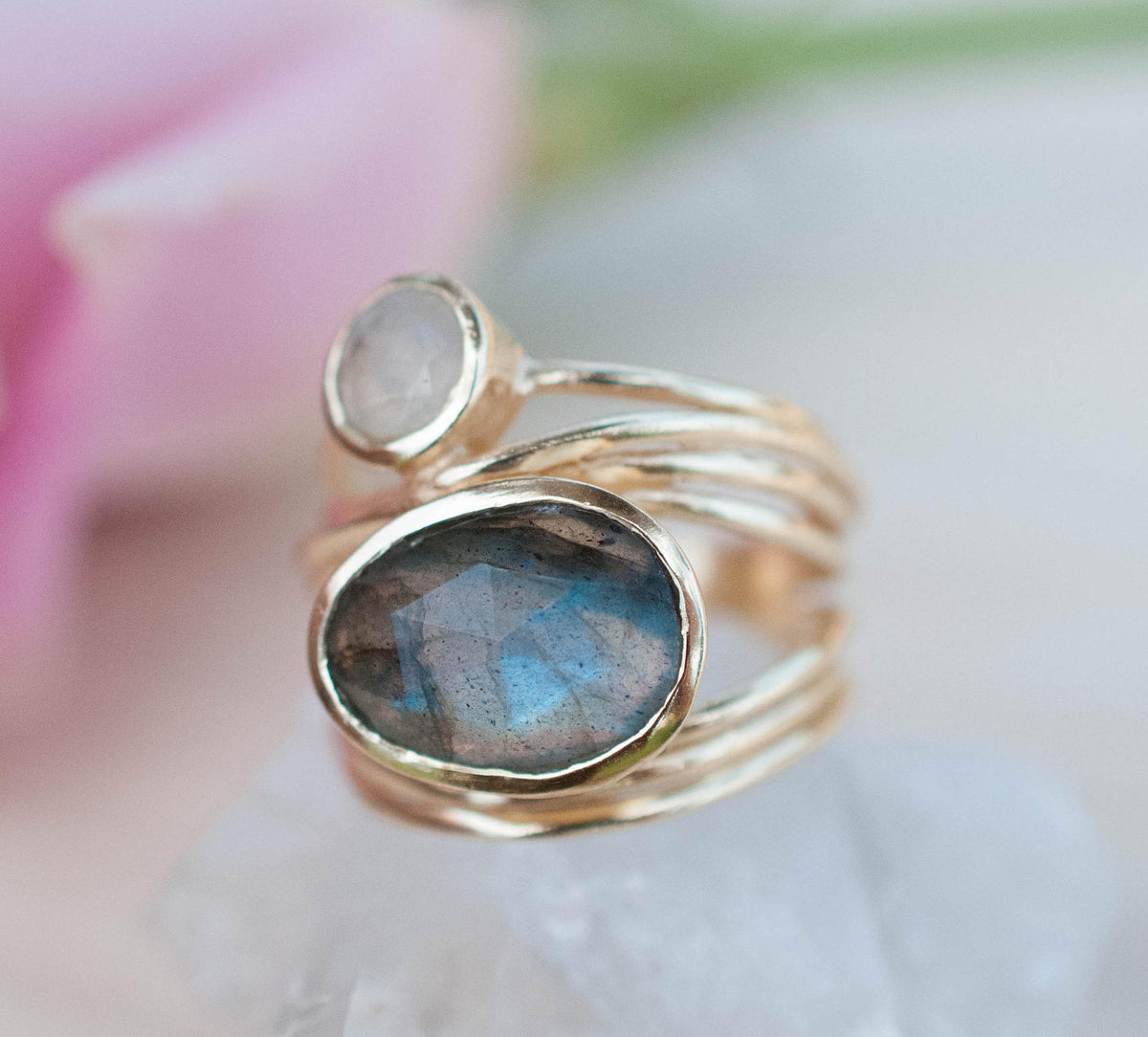 Gold Plated 18k Ring * Labradorite * Moonstone * Gemstones * Handmade * Statement * Natural * Organic * Gift for her * Jewelry*Bycila*BJR073