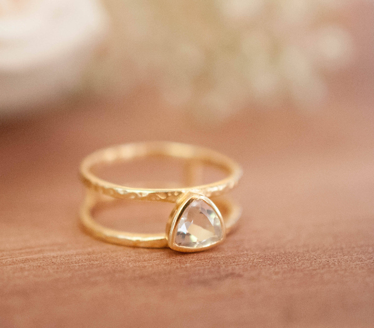 White Topaz  Triangle Gold Vermeil Ring * Wedding * Engagement * Handmade * Statement * Bycila *Boho *Hippie * Bridal * Bridesmaid BJR084