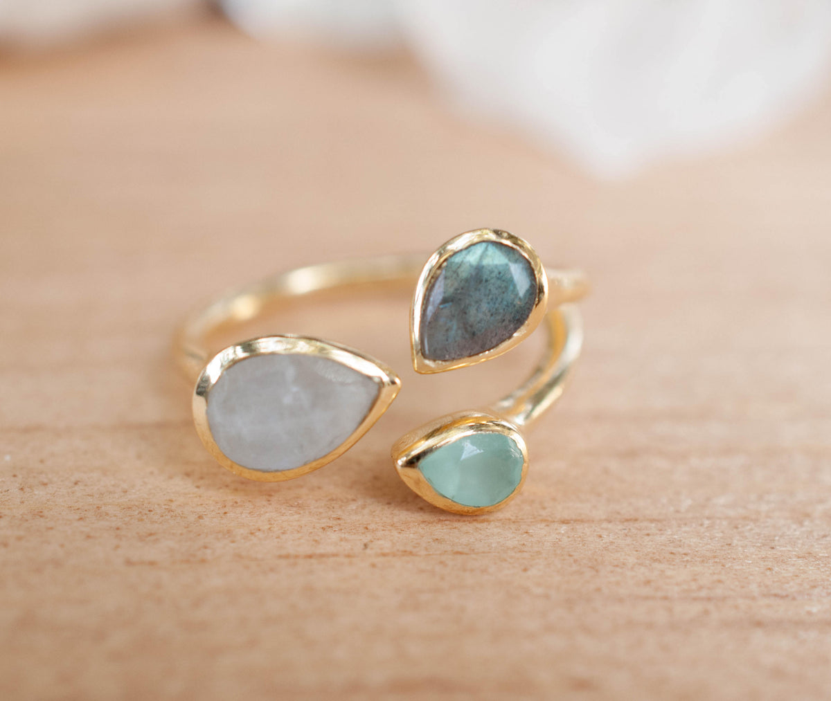 Gold Vermeil14k Ring * Labradorite * Moonstone * Aqua Chalcedony *Gemstones * Handmade * Statement * Natural * Organic * BJR042