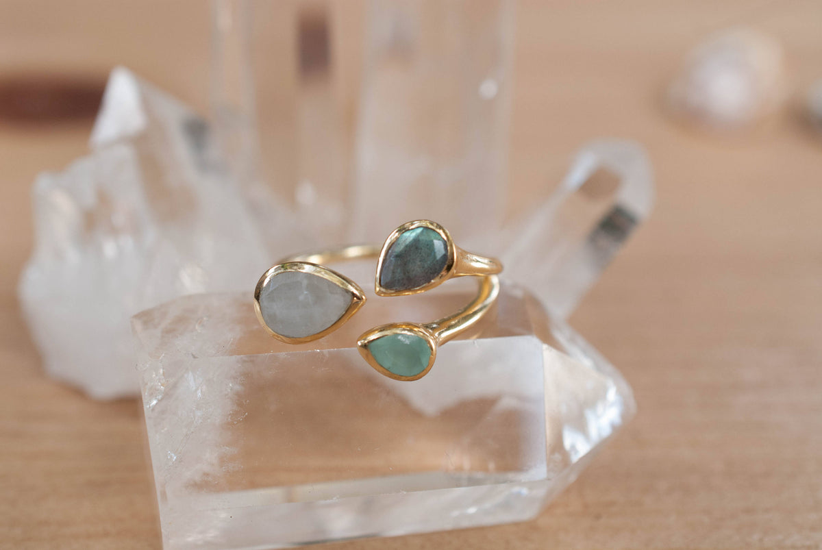 Gold Vermeil14k Ring * Labradorite * Moonstone * Aqua Chalcedony *Gemstones * Handmade * Statement * Natural * Organic * BJR042