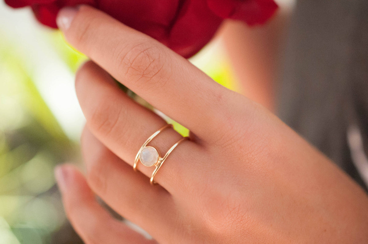 Moonstone Ring * Gold Vermeil Double band *Gold * Statement* Gemstone *Bridesmaid *Natural* Handmade *Gift For Her *BJR028