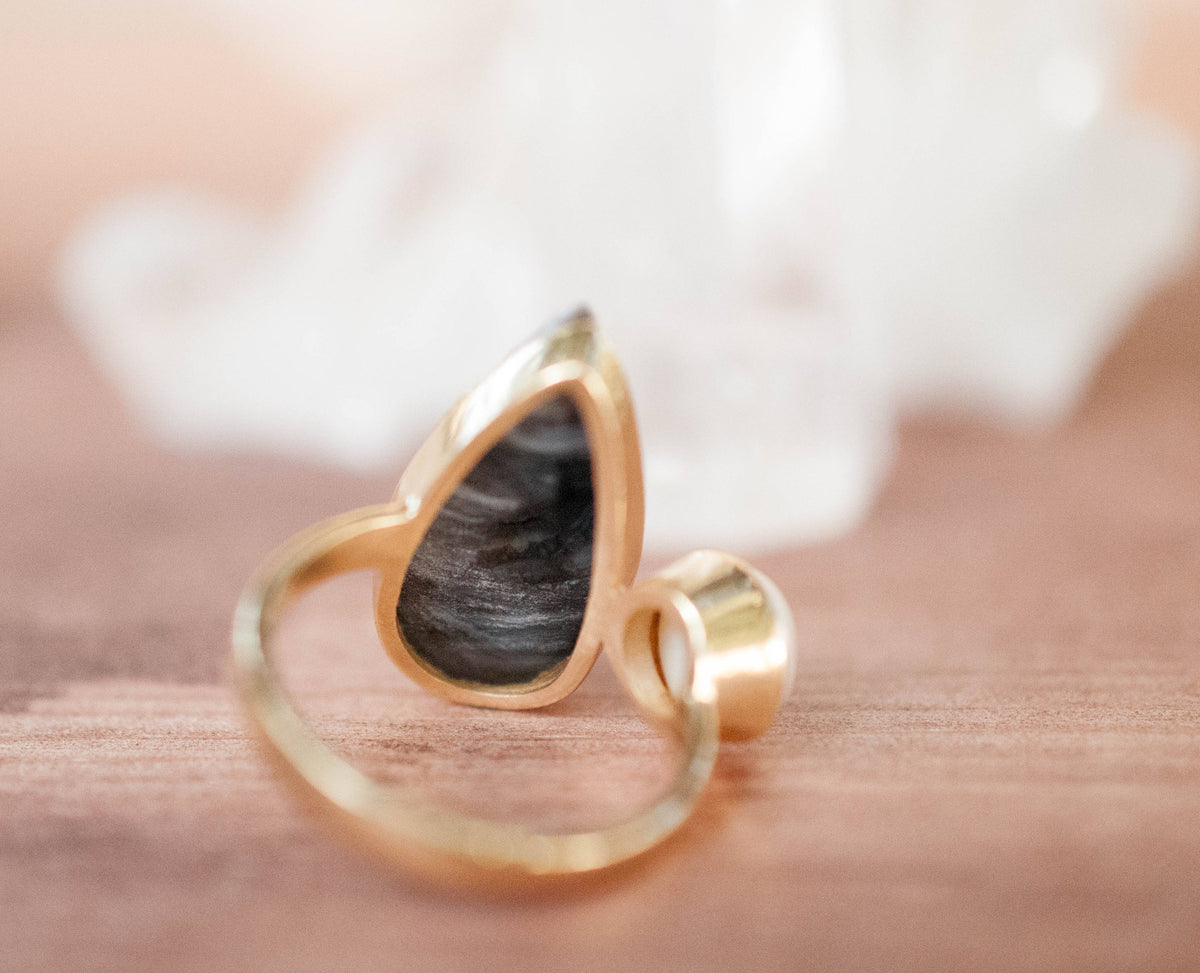 S A L E ** Chalcedony Desert Druzy & Pearl Ring * Gold * Statement *Gemstone * Fresh Water Pearl *Organic* Raw * Handmade*Tear Drop BJR231