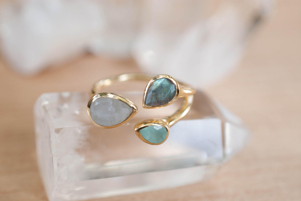 Gold Vermeil14k Ring * Labradorite * Moonstone * Aqua Chalcedony *Gemstones * Handmade * Statement * Natural * Organic * BJR042