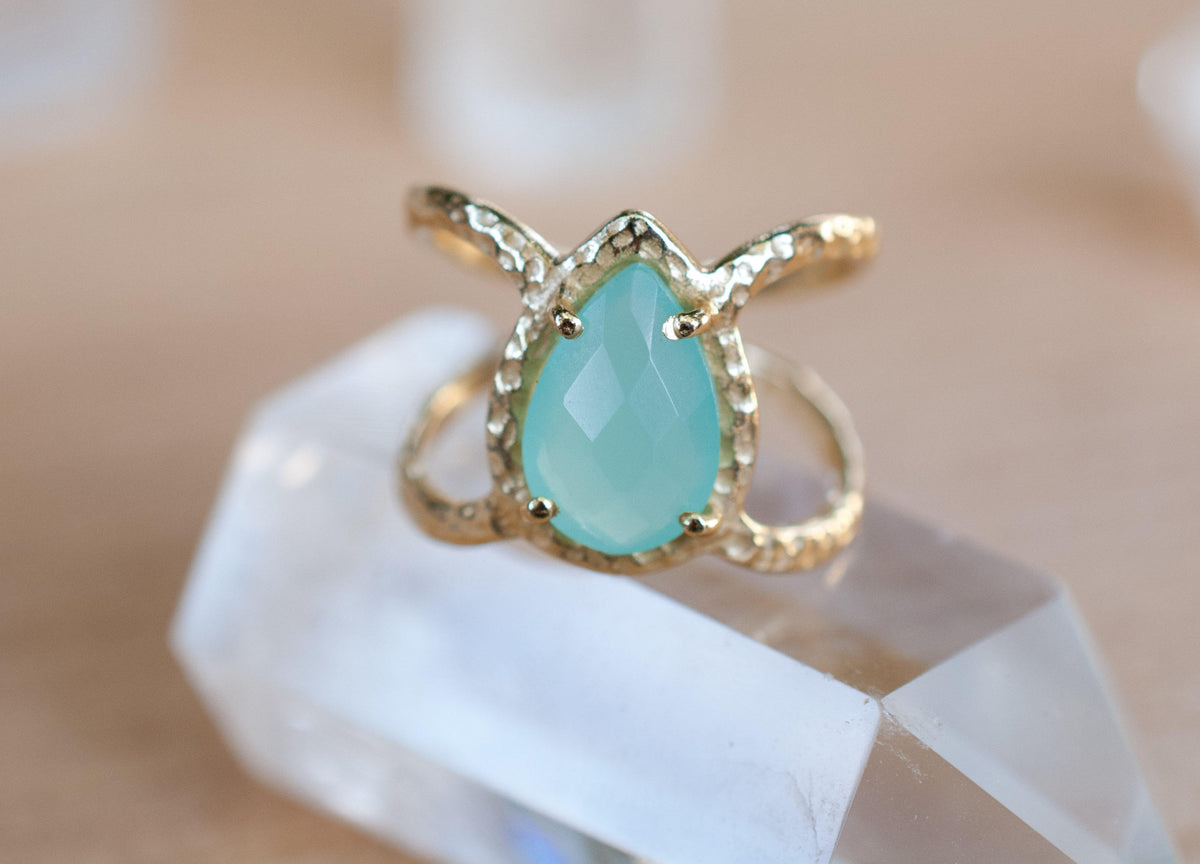 Aqua Chalcedony Ring * Hammered Band * Gold Ring * Statement Ring * Gemstone Ring * Wedding Ring * Organic Ring * Natural* BJR140