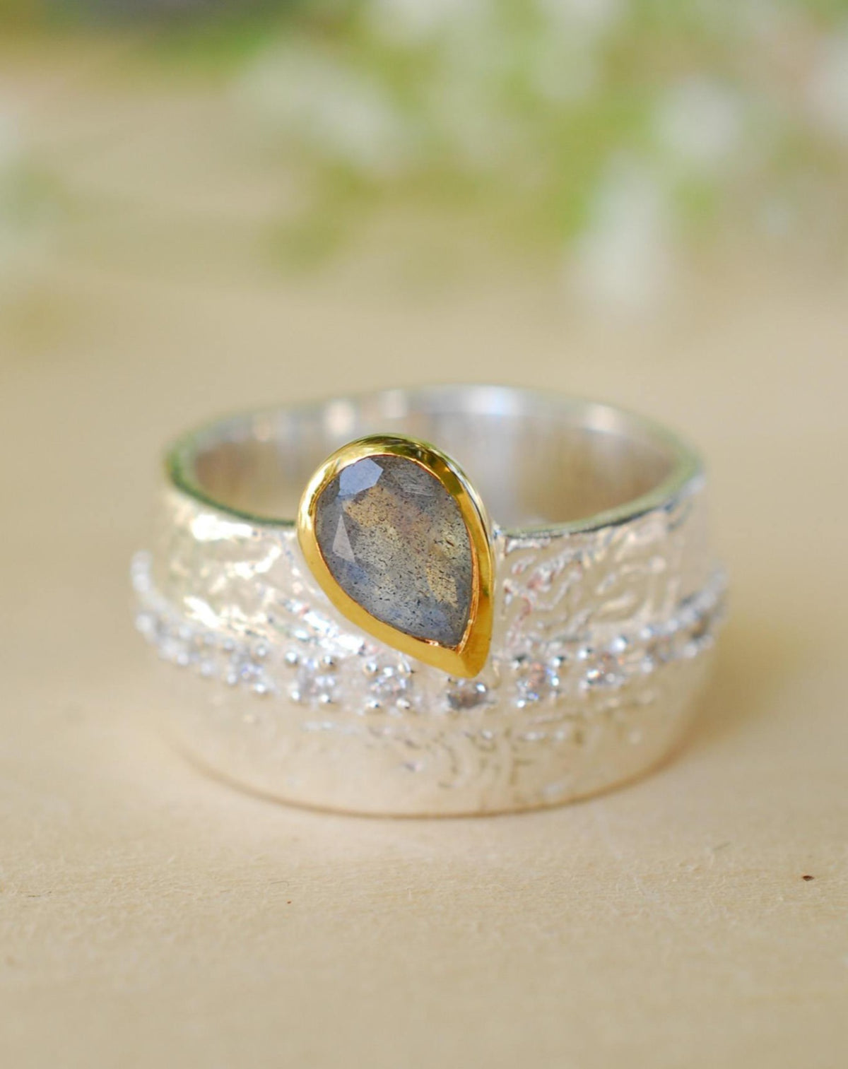 Rainbow Labradorite Ring * Sterling Silver 925 * Boho * Organic * Gold Vermeil * Mix metals* Gypsy * Hammered Band * Cubic Zirconia BJR201