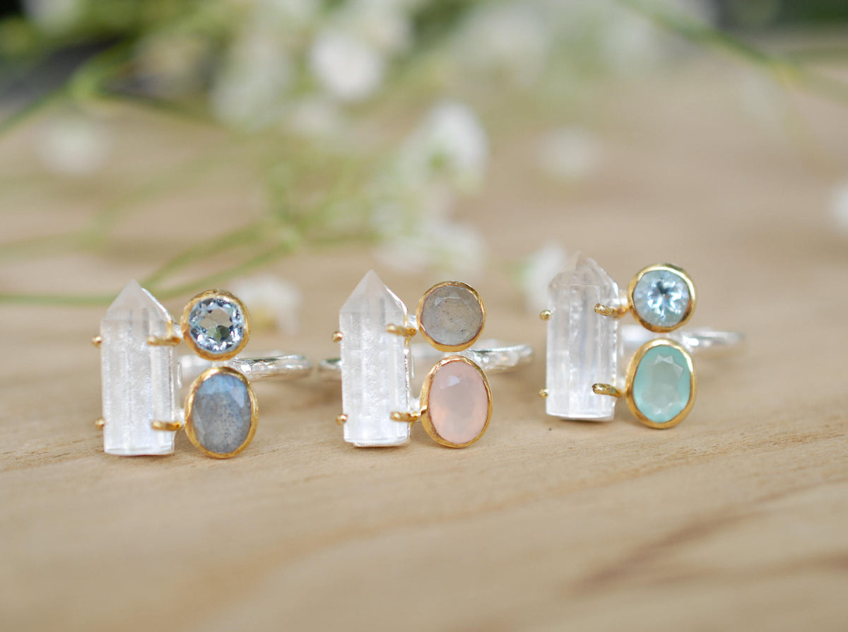 Crystal, Rose Quartz & Labradorite Sterling Silver 925 and Gold Vermeil *Crystal Quartz *Gemstones* Handmade Jewelry* Bycila* BJR056
