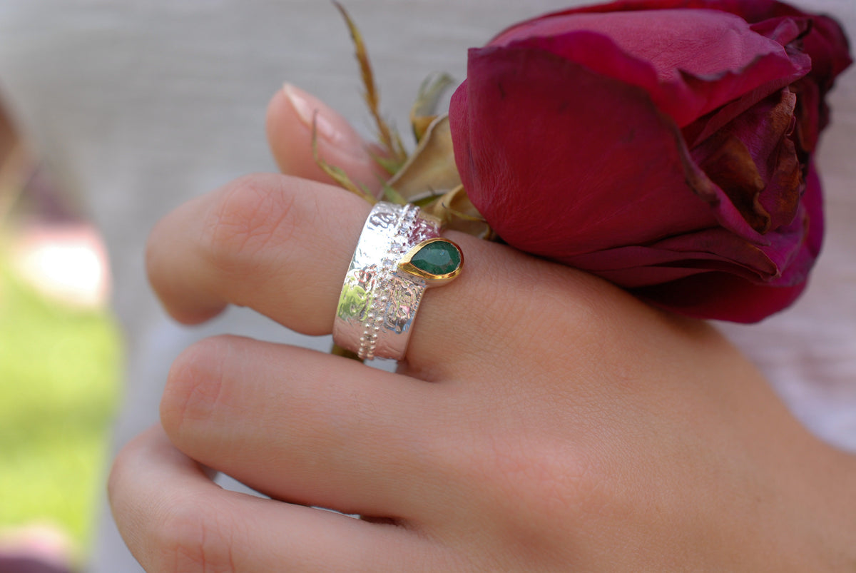 Rainbow Labradorite Ring * Sterling Silver 925 * Boho * Organic * Gold Vermeil * Mix metals* Gypsy * Hammered Band * Cubic Zirconia BJR201
