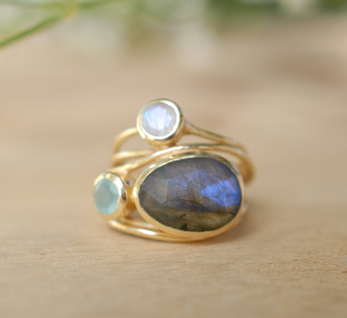 Gold Plated 18k Ring * Labradorite * Moonstone * Aqua Chalcedony *Gemstones * Handmade * Statement * Natural * Organic * Gift for her BJR100