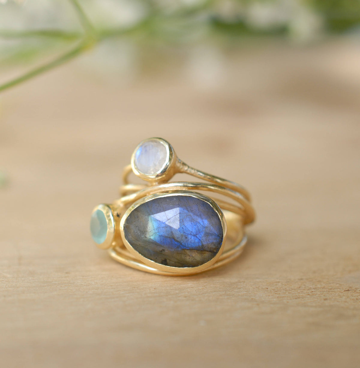 Gold Plated 18k Ring * Labradorite * Moonstone * Aqua Chalcedony *Gemstones * Handmade * Statement * Natural * Organic * Gift for her BJR100