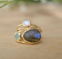 Gold Plated 18k Ring * Labradorite * Moonstone * Aqua Chalcedony *Gemstones * Handmade * Statement * Natural * Organic * Gift for her BJR100