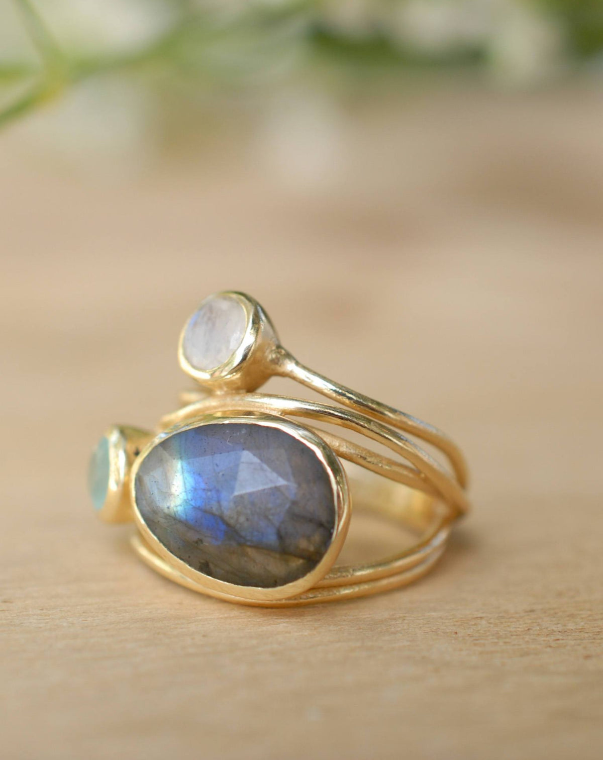 Gold Plated 18k Ring * Labradorite * Moonstone * Aqua Chalcedony *Gemstones * Handmade * Statement * Natural * Organic * Gift for her BJR100