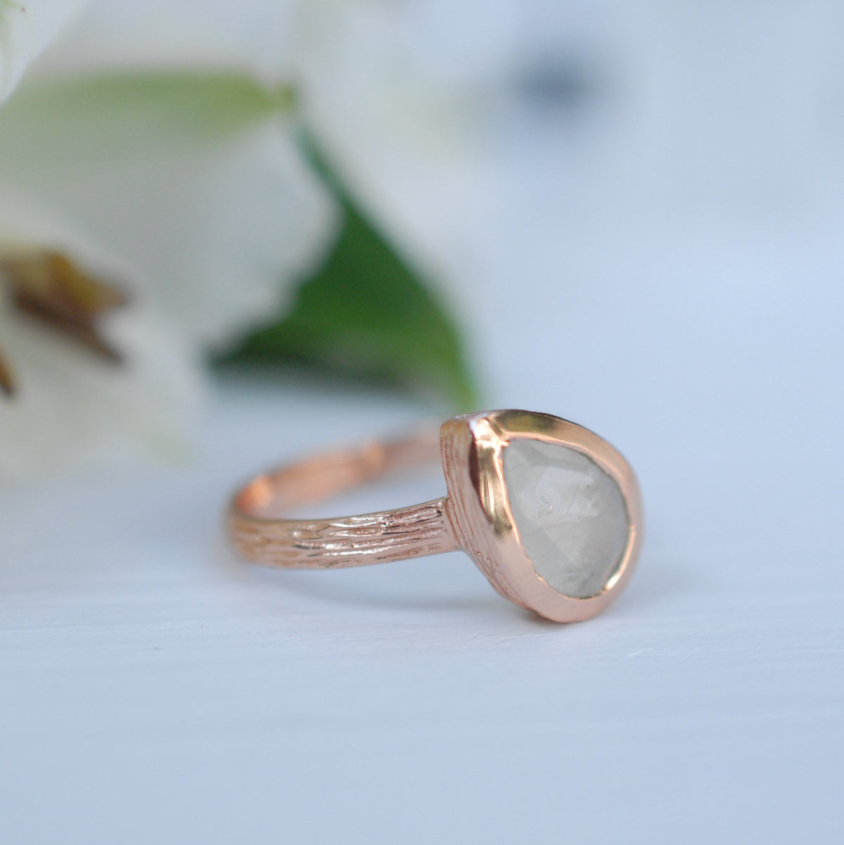 Rainbow Moonstone Rose Gold Ring * Boho * Organic * handmade * Gypsy * Bridesmaid* Solitaire * Tear Drop Ring *Bridal * BJR213