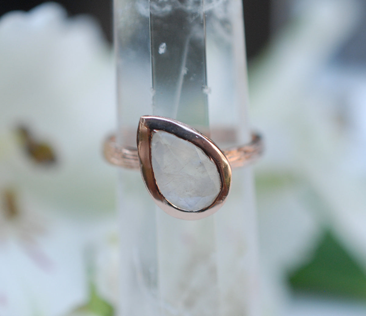 Rainbow Moonstone Rose Gold Ring * Boho * Organic * handmade * Gypsy * Bridesmaid* Solitaire * Tear Drop Ring *Bridal * BJR213