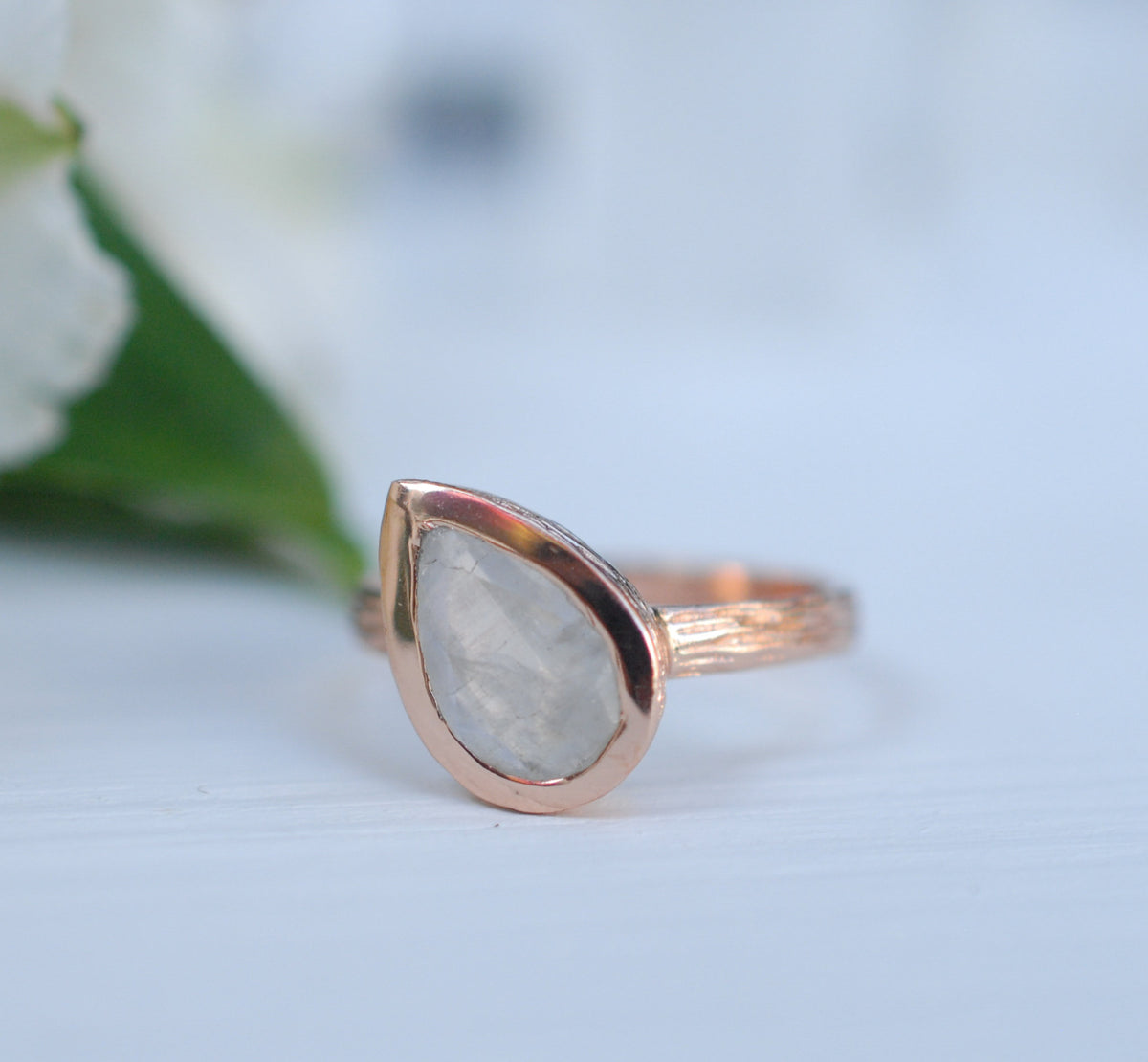 Rainbow Moonstone Rose Gold Ring * Boho * Organic * handmade * Gypsy * Bridesmaid* Solitaire * Tear Drop Ring *Bridal * BJR213