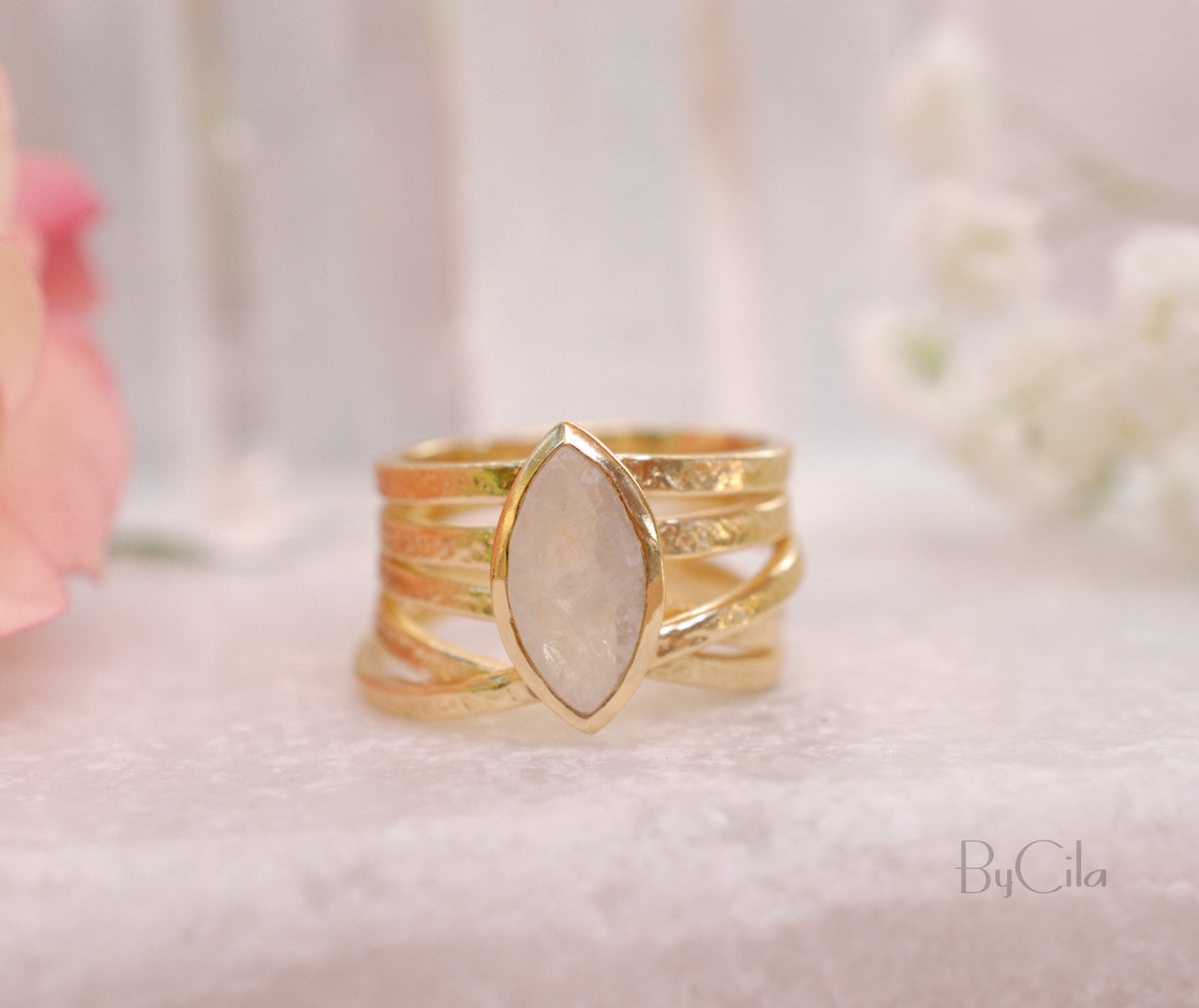 Moonstone Gold Plated Ring *  Statement Ring * Gemstone Ring * Rainbow Moonstone * Gold Ring  * BJR128