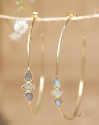 Labradorite & Moonstone Hoop Gold or Silver Earrings * Gemstone * Stud* Post* Labradorite *Handmade * Boho * Modern * ByCila * Loop* BJE016A