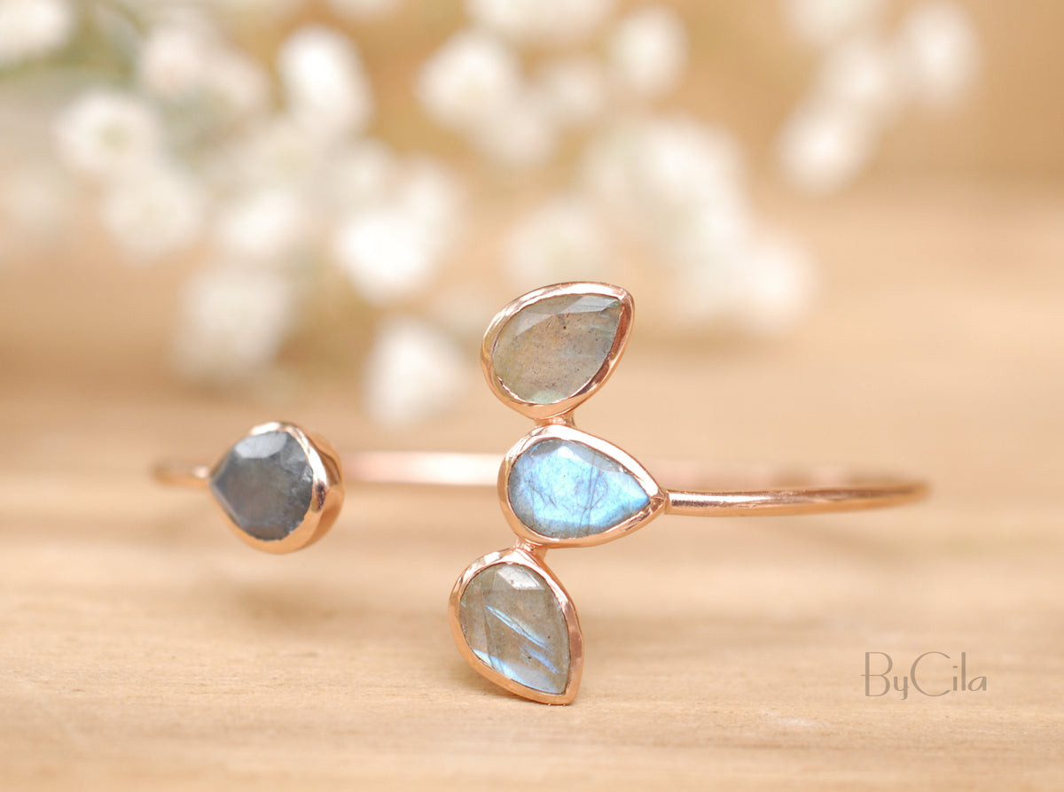 Labradorite Bangle Bracelet * Gold Plated, Rose Gold Plated 18k or Silver Plated* Gemstone * Lotus Flower *  Adjustable * Stacking*BJB021C