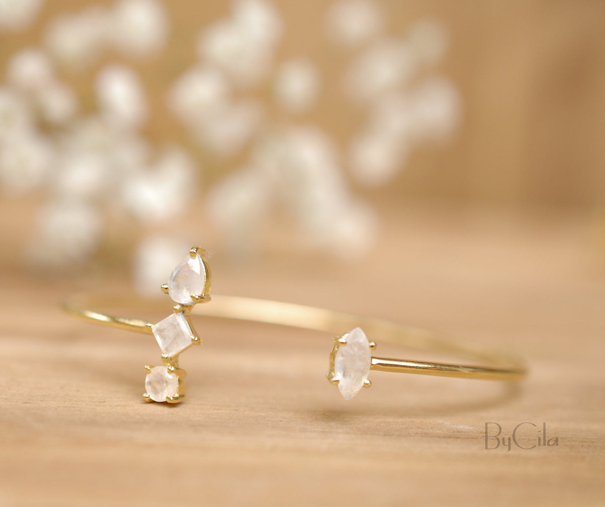 Moonstone Bangle Bracelet * Gold Plated 18k or Rose Gold Plated * Gemstone * Gypsy * Hippie * Adjustable * Statement * Stacking * BJB012C