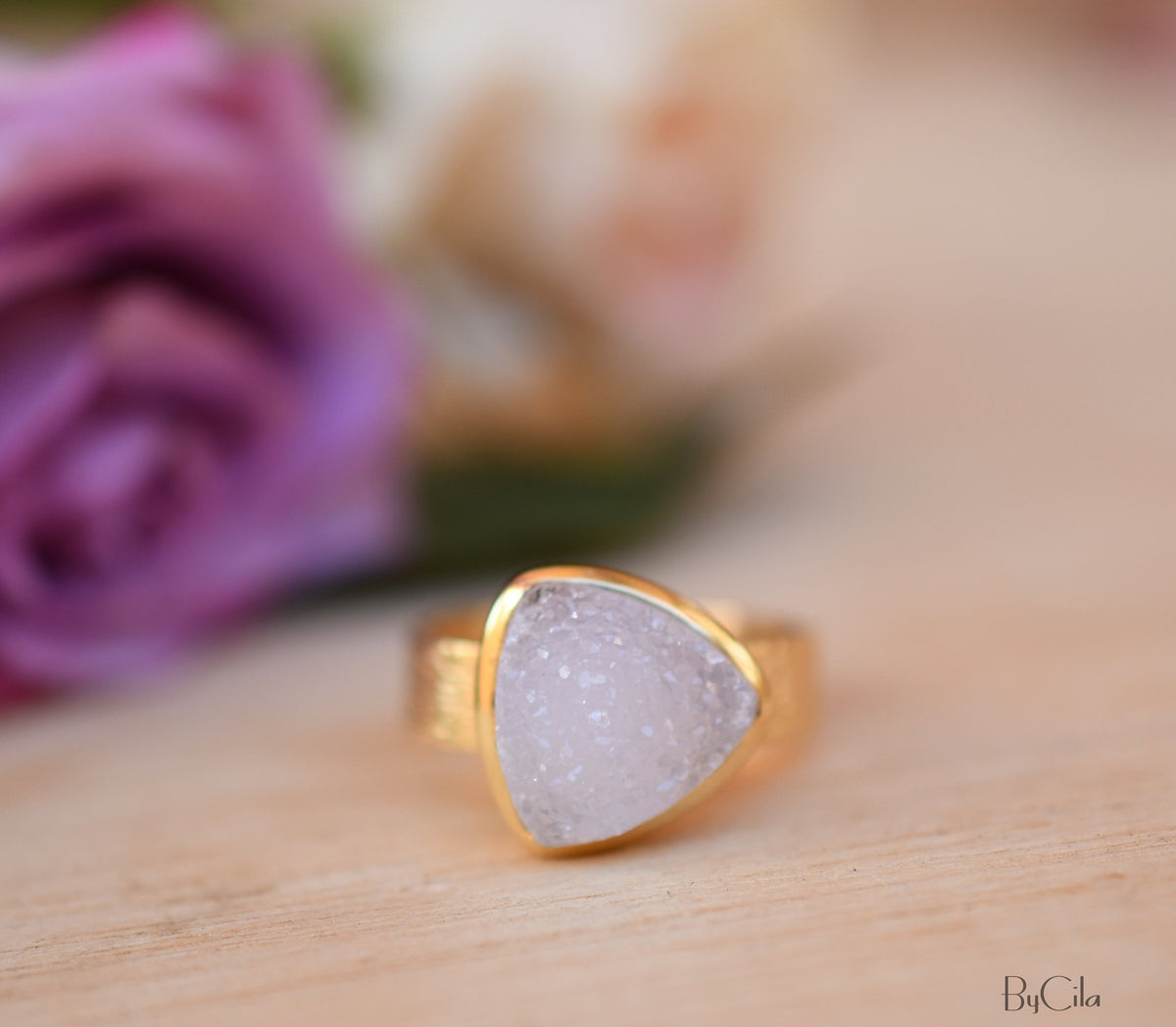 White Druzy Ring * Gold Plated Ring * Statement Ring *Gemstone Ring  *Gold Crystal* Natural Druzy *Large Gemstone *Organic Ring * BJR157