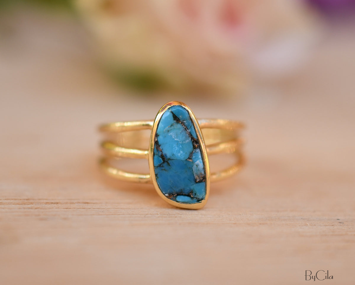 Turquoise Ring *Gold Vermeil Ring*Statement Ring *Gemstone Ring *Copper Turquoise Ring* Natural *Organic Ring * ByCila*Blue Ring *BJR051