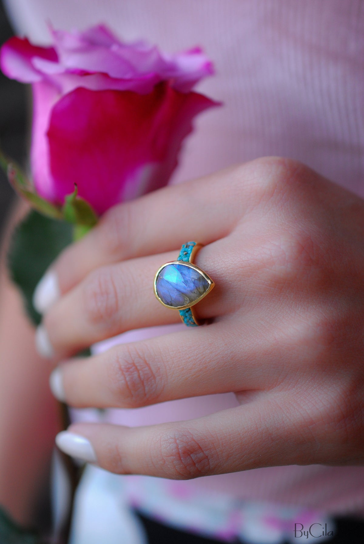 Labradorite & Turquoise Ring * 18k Gold Plated Ring * Statement Ring *Gemstone Ring *Labradorite *Bridal Ring *Organic Ring *Natural *BJR177