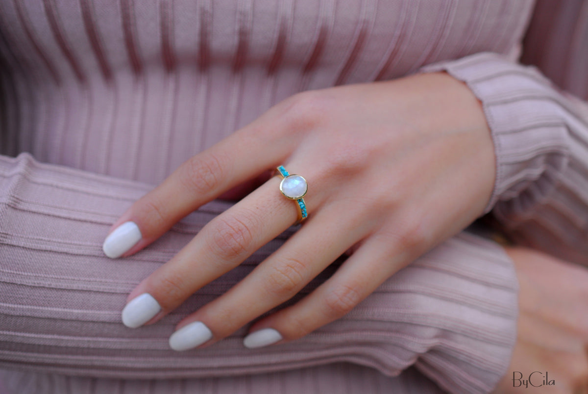 Moonstone & Mosaic Turquoise Square Ring * 18k Gold Plated Ring * Statement Ring *Gemstone Ring *Bridal Ring *Organic Ring *Natural * BJR164