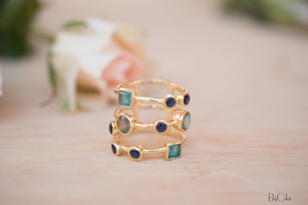 Gemstones Gold Ring * Statement Birthstone* Gold Plated Ring * Green Jade, Sapphire hydro, Labradorite *Multi stones *Statement Ring BJR071