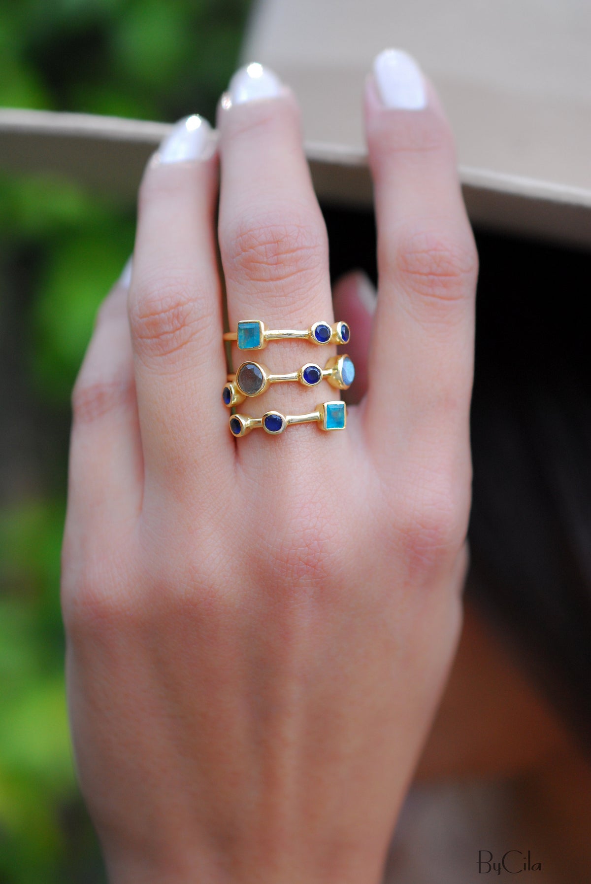Gemstones Gold Ring * Statement Birthstone* Gold Plated Ring * Green Jade, Sapphire hydro, Labradorite *Multi stones *Statement Ring BJR071
