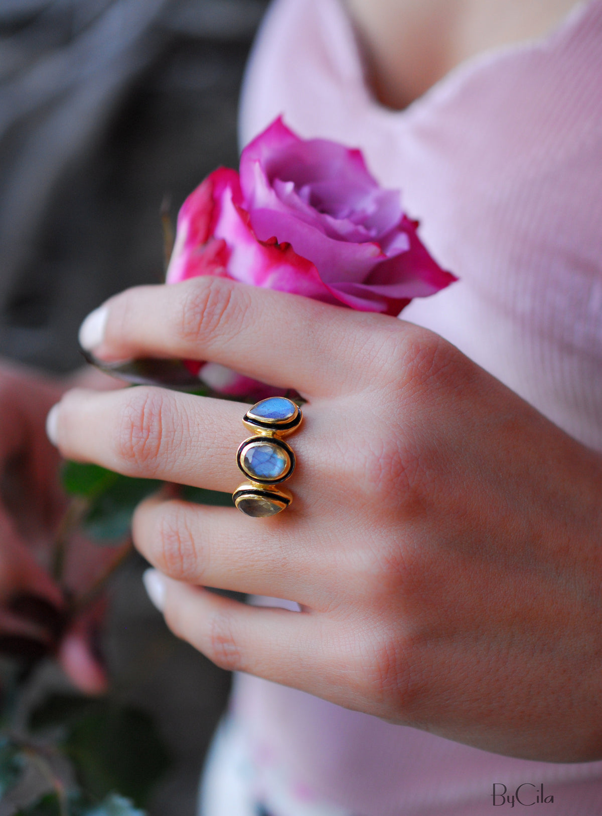 Labradorite Ring * 18k Gold Plated Ring * Statement Ring *Gemstone Ring * handmade * Black details * BohoBlack details * BJR127