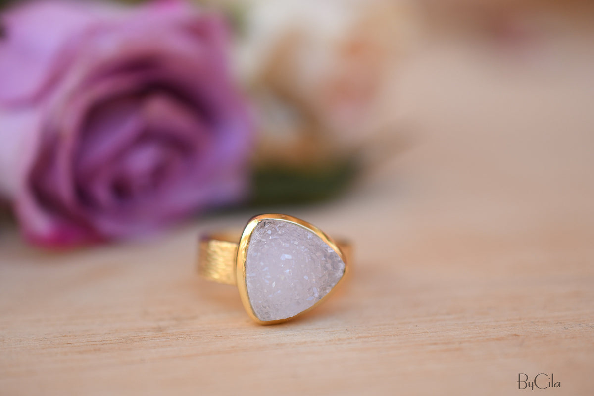 White Druzy Ring * Gold Plated Ring * Statement Ring *Gemstone Ring  *Gold Crystal* Natural Druzy *Large Gemstone *Organic Ring * BJR157